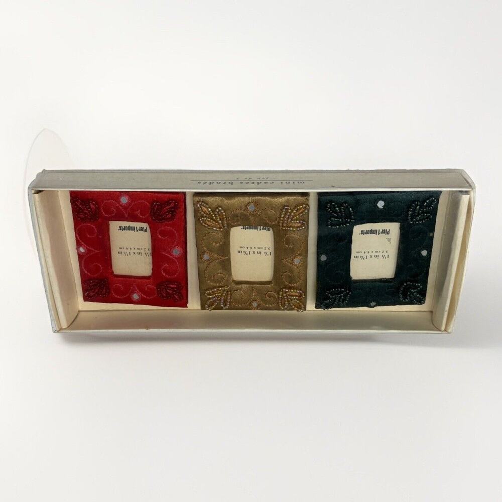 Pier 1 Mini Picture Frames Set of 3 Square‎ Beaded Satin Floral Green Gold Red